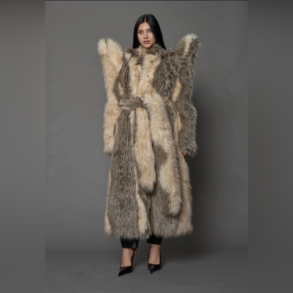 Luxury Long Faux Fur Coat in Taupe & Cream - Women’s Statement Coat